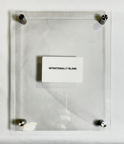 A white card that reads "intentionally blank" mounted in a modern acrylic and steel frame.