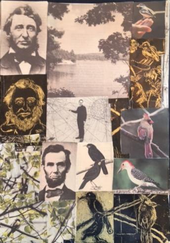 Collage. Historical photographs of Thoreau, Lincoln, and birds are combined with drawings based on these photographs.