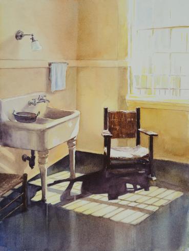 Watercolor. A kitchen scene with a chair and a sink is flooded with sunlight from a nearby window.