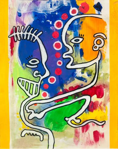 Mixed media. Two grinning cartoonish profiles look at each other in front of a colorful abstract background.