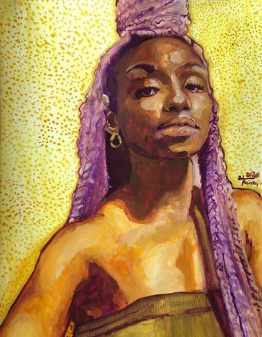 Watercolor. A woman with long purple hair looks directly at the viewer.