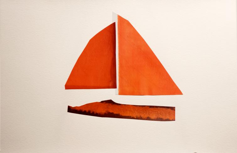 Collage. Three torn pieces of paper make a bright red sailboat.