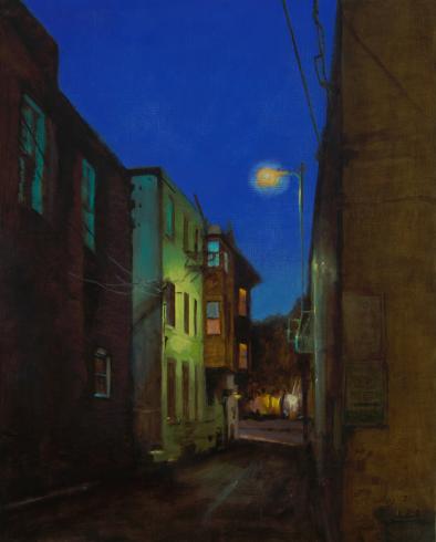 Oil painting. Nocturnal scene of an urban alley.