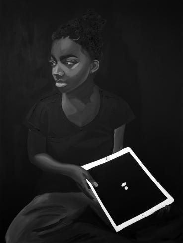 Black and white painting of a Black girl sitting with a black background