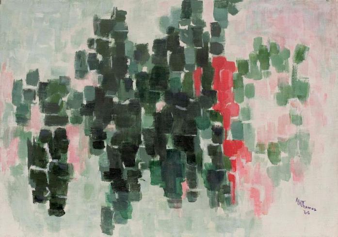 Abstract painting in horizontal orientation. Left side begins with dark green vertical rectangles, then a splash of red rectangles, and fades to light green then pink