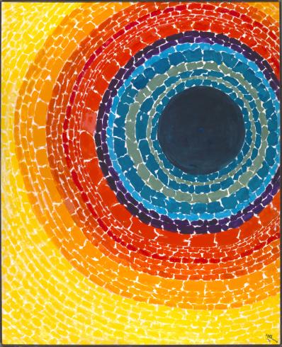 abstract painting with concentric circles in mosaic pattern. Center of circle is a deep dark blue and radiates out with shades of blue, then red, then orange then yellow. 