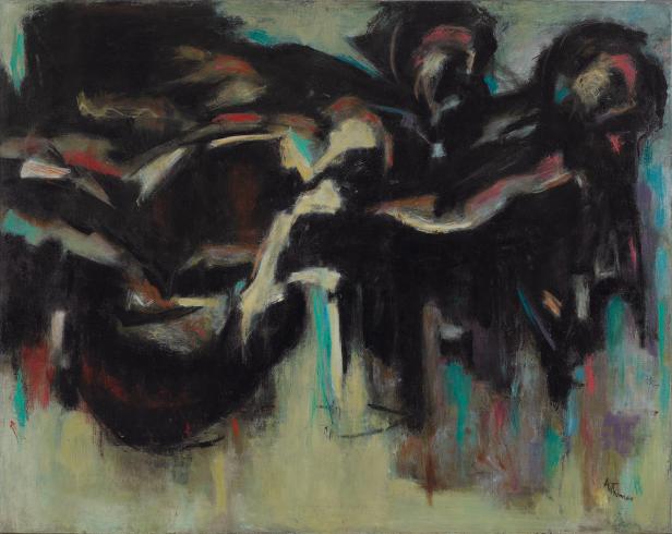 Abstract painting in horizontal orientation. Large black figures with draping colors of green and red that float at the top of the painting