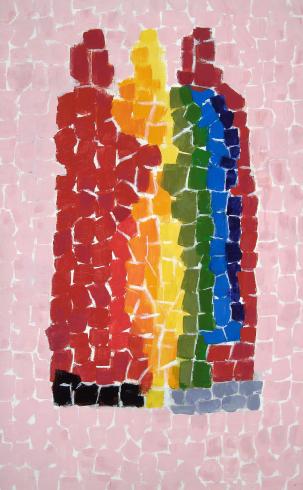 Abstract painting in vertical orientation with a pink background of mosaic pattern. Three wise men in a mosaic pattern. The wise man on the left is red and blends in with the middle wise man who is orange, yellow, green. The middle wise man blends in with the final wise man who is blue and dark red.