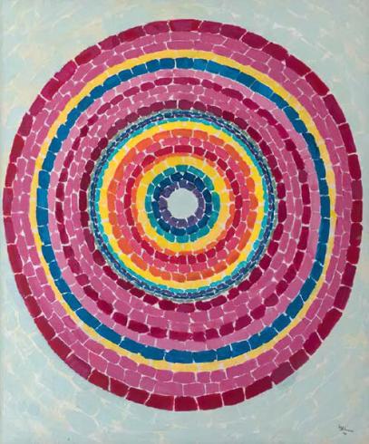 abstract painting with concentric circles in mosaic pattern. Center of circle is light greenish blue and radiates out with purple, blue, teal, yellow, orange, fuchsia, pink
