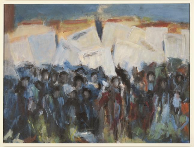 abstracted painting of crowd of people holding signs in blues, greens, whites, and browns