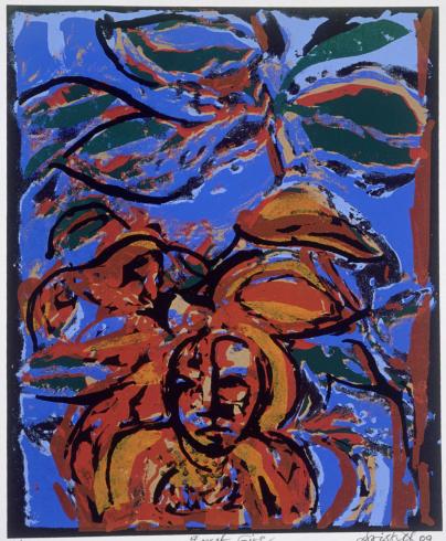 woman in orange with tree in blue background