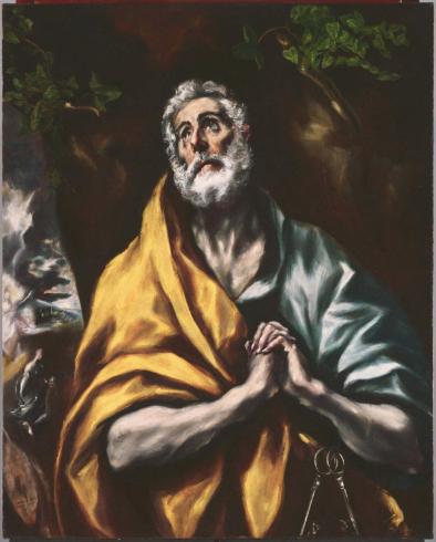 painting of St. Peter clasping hands wearing yellow and blue cloak