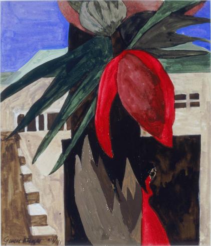 painting of red flower in front of building