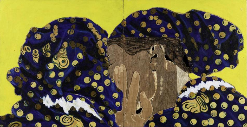 two figures embracing in blue with gold, with yellow background