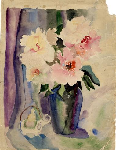 watercolor on torn paper with blueish vase, white and pink flowers, and purple, blue, and green striped background