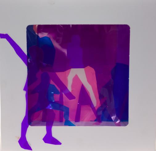 fluorescent light box with neon figurine cutouts  