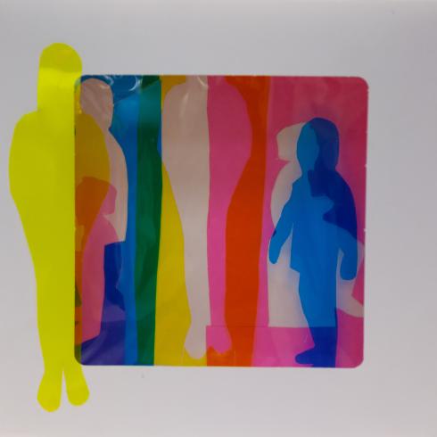 fluorescent light box with neon figurine cutouts  