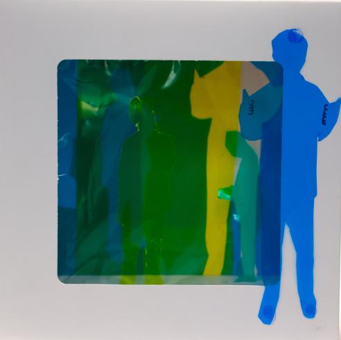 fluorescent light box with neon figurine cutouts  