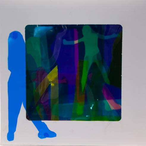 fluorescent light box with neon figurine cutouts  