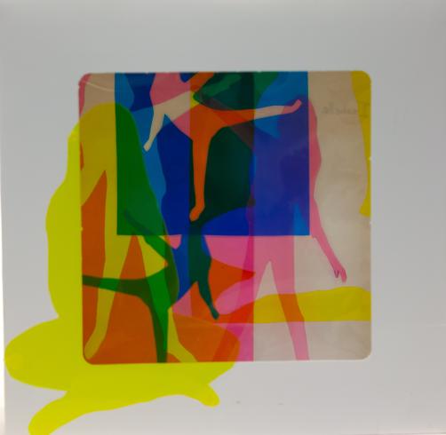 fluorescent light box with neon figurine cutouts  