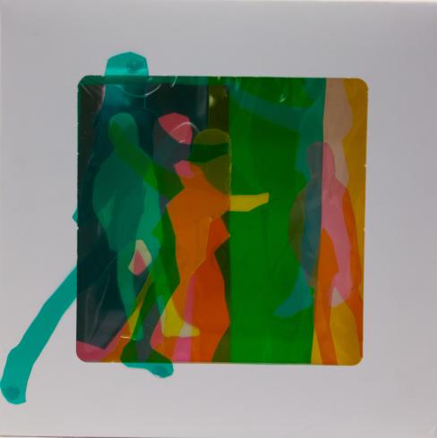 fluorescent light box with neon figurine cutouts  