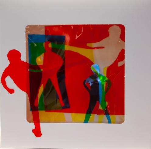 fluorescent light box with neon figurine cutouts  