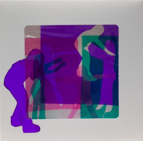 fluorescent light box with neon figurine cutouts  