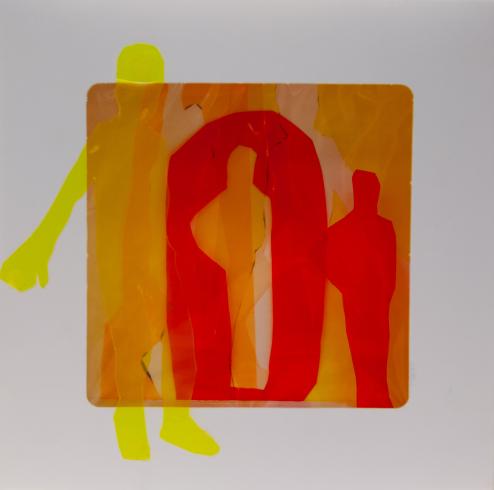 fluorescent light box with neon figurine cutouts  