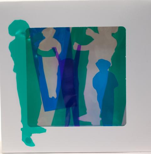 fluorescent light box with neon figurine cutouts  