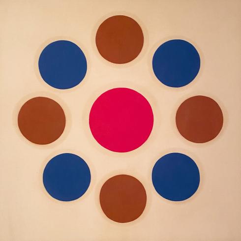 Painting with ring of brown and blue circles around a pink circle