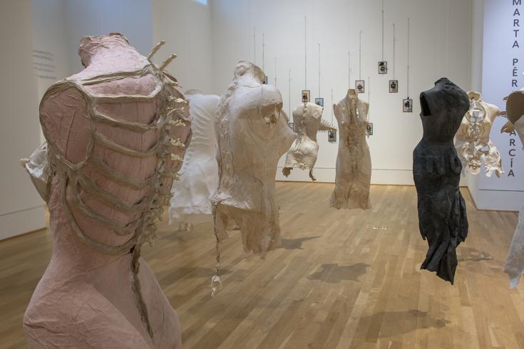 Photograph of paper sculptures of abstract female torsos hanging in gallery