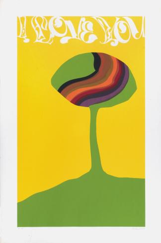 Silkscreen print with yellow background and green abstract shape and I Love You across the top