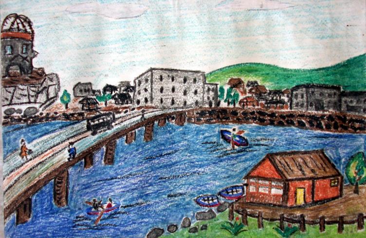 a child's drawing of a city along the river