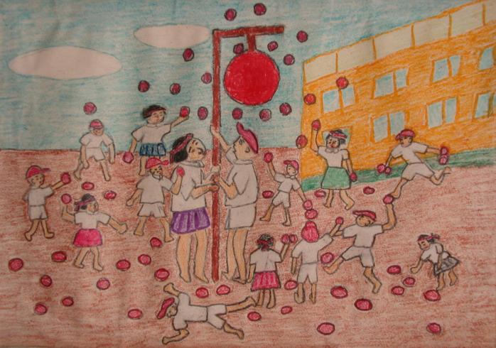 a child's drawing of a playground, full of bright red balls