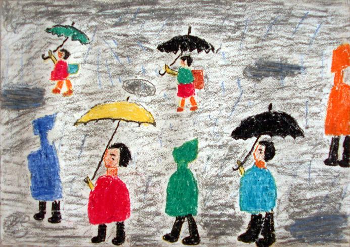 a child's drawing of people walking in the rain