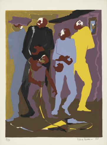 abstract depiction of four adults and a child with a broken kite lying on the floor