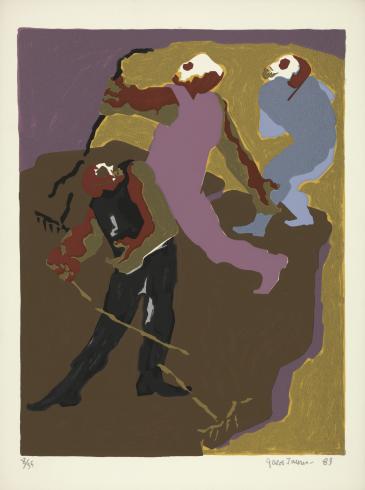 an abstract painting of three figures, in mauve, blue, yellow, and brown