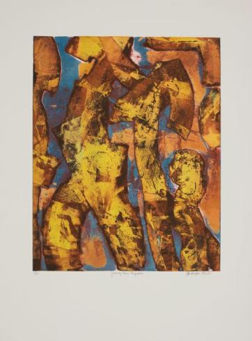 An abstract print with orange, yellow, blue, and brown shapes