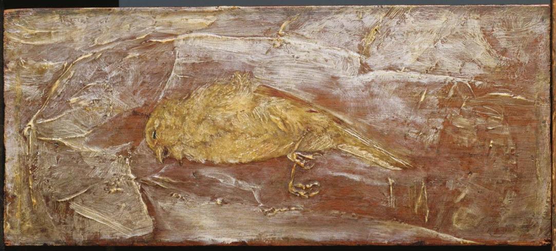 Painting of a dead bird with thick paint and light muted yellow, red, white, and browns