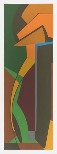 Print with orange, green, and brown abstract shapes