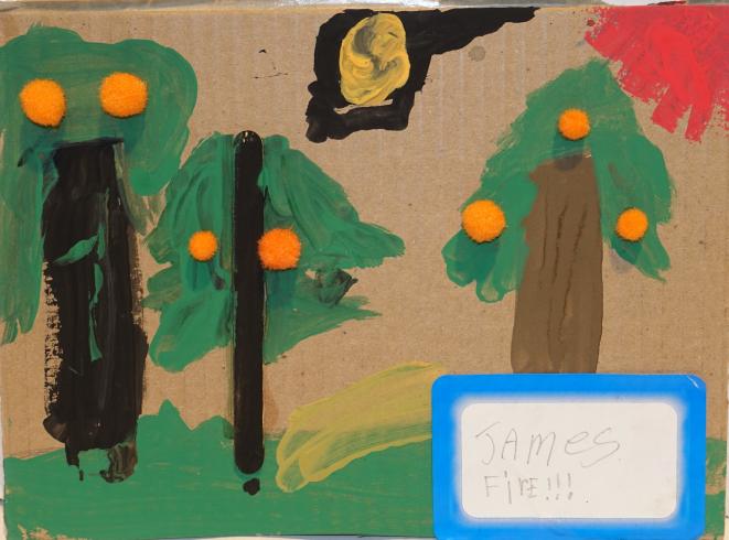 Three green trees with orange pom-poms, a red sun, and a blue nametag on the bottom left with "James Fire!!!" on it.