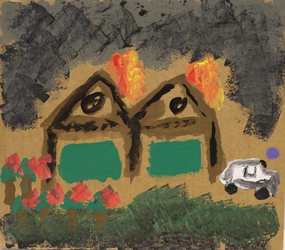 Two houses with flames coming out of their roofs. A red garden sits to the left and a white car leaving on the right.