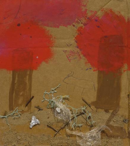 Red trees above a ground of sticks and plastic. An animal in pencil is in the background.