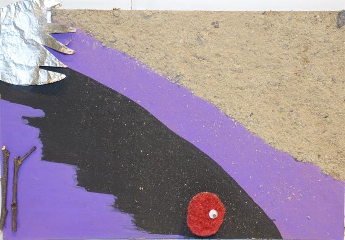 A beach scene with purple water and a black, irregular shape in the middle.