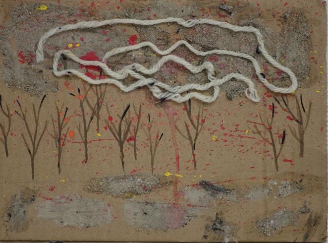 Yarn and ash above a forest fire scene.