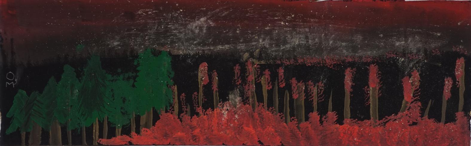 A forest scene with trees burning in red.