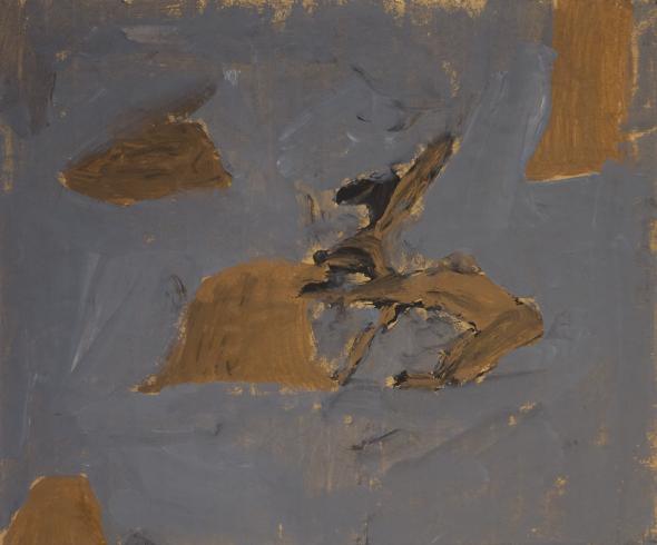 An abstract scene with gray and brown paint.
