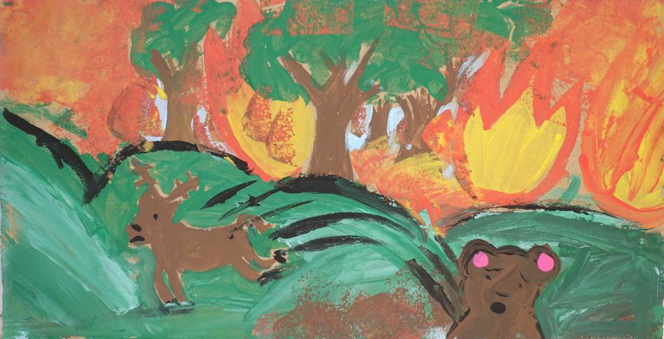A deer and bear running from a forest fire.