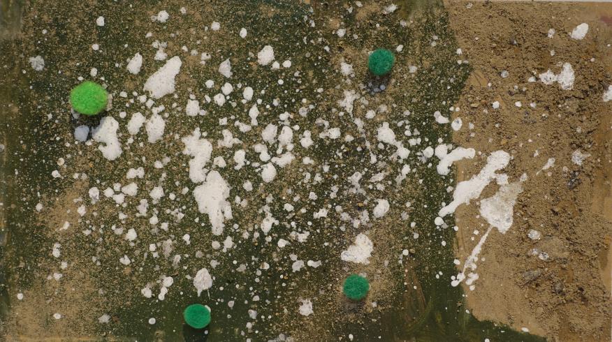 A sandy background with white, splattered paint and green pom-poms.