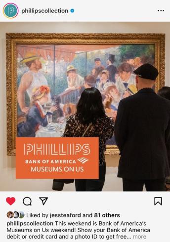 Screenshot of Phillips Collection Instagram with Bank of America Museums on Us promo